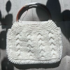 Vintage White Knitted Handbag Purse with Acetate Handle Textured Design